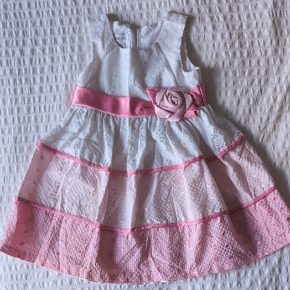 Pink and White Kids Dress with Floral Accent